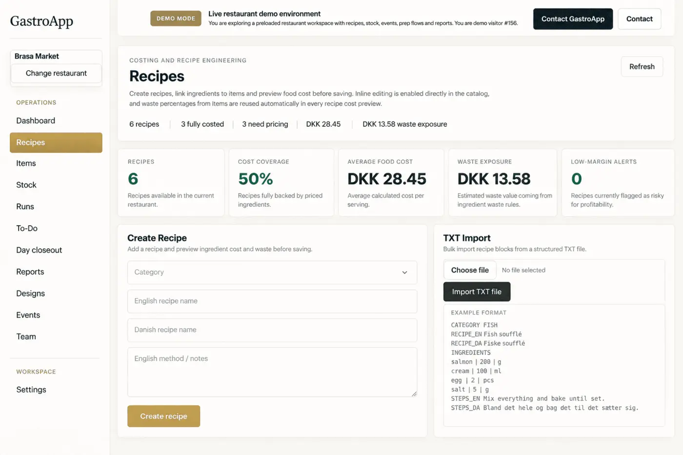 GastroApp recipes screen with cost coverage and food cost per serving