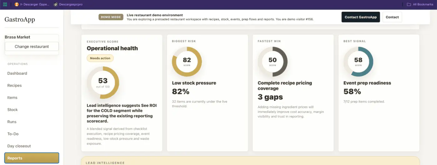 GastroApp reports screen