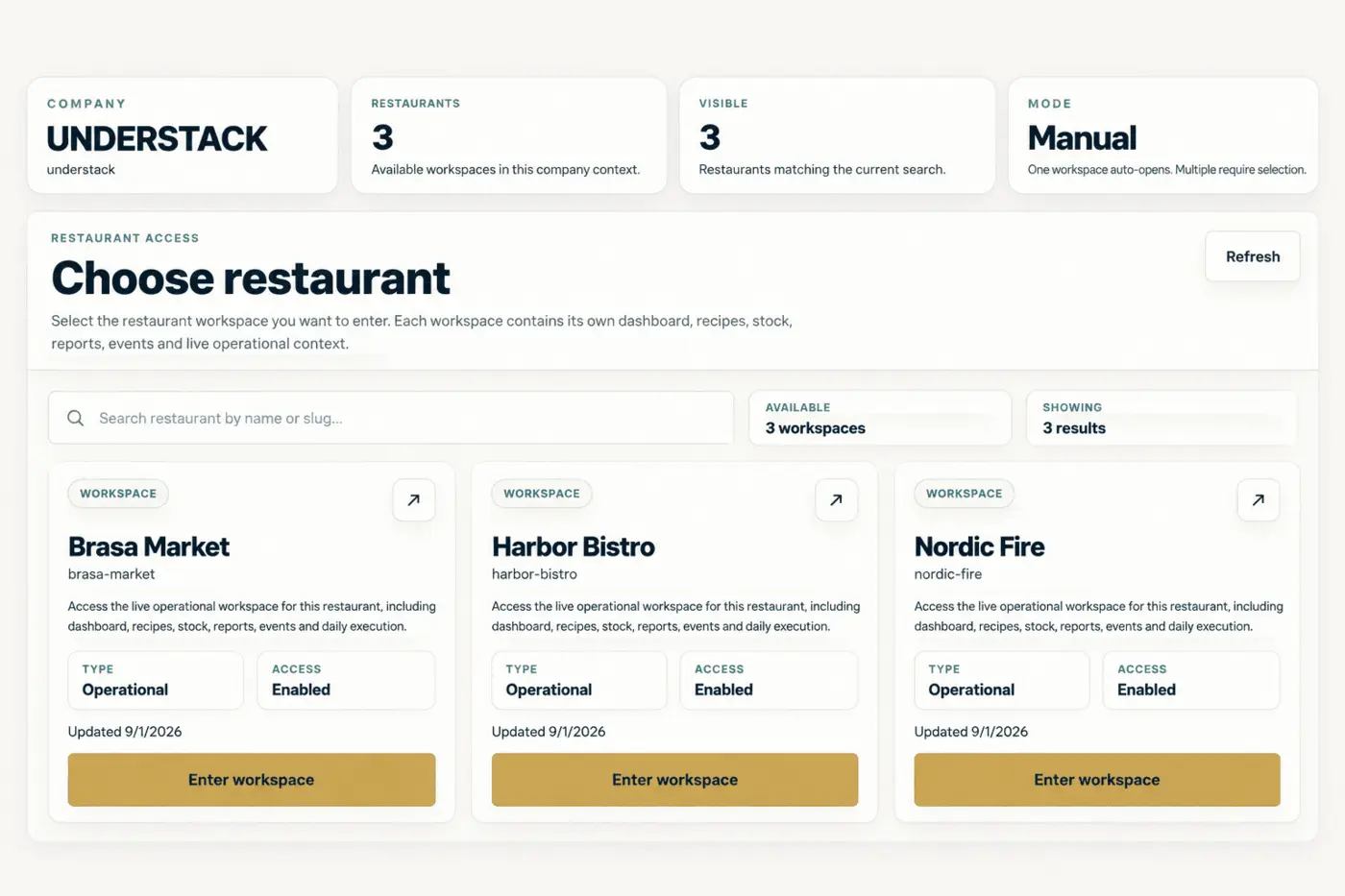 GastroApp restaurant selection screen showing three workspaces in one company