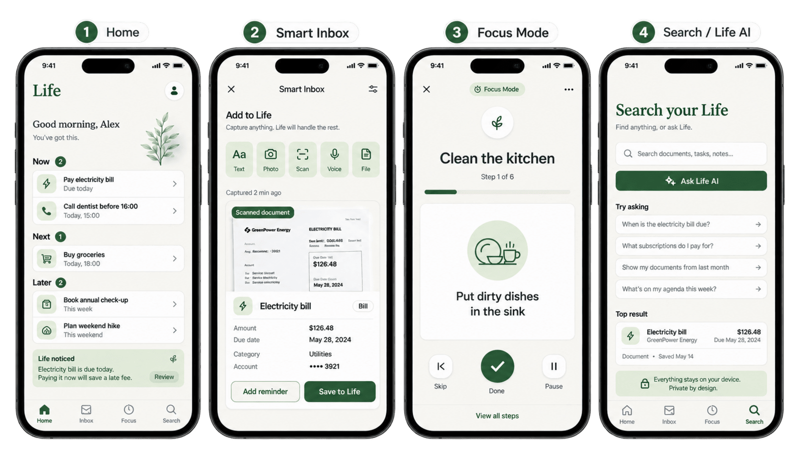 Life personal organization mobile application screens